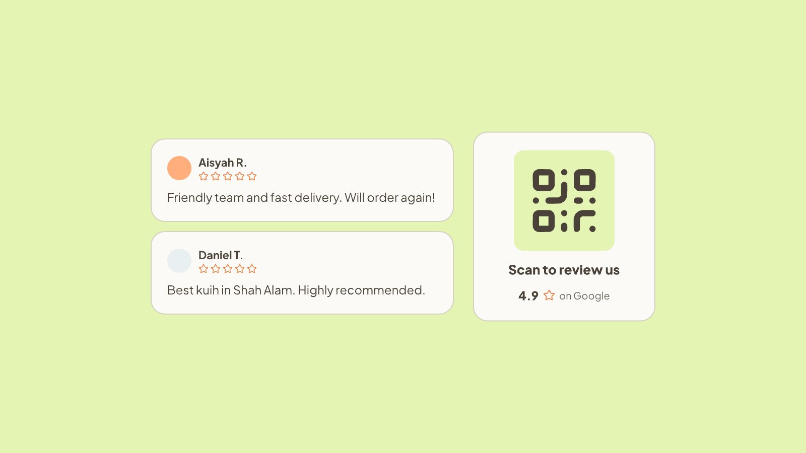 Five-star Google reviews and a QR code card asking customers to leave a review