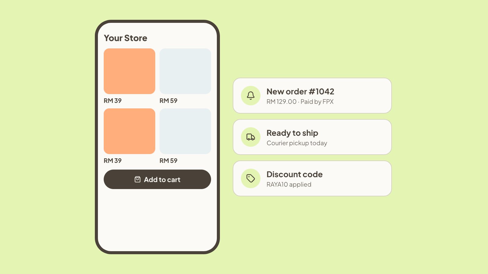 Online store on a phone with new order, shipping and discount code notifications