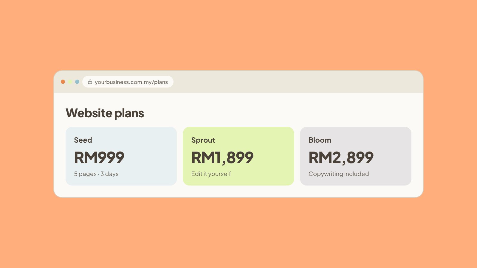 Website plan price cards for Seed, Sprout and Bloom in a browser window