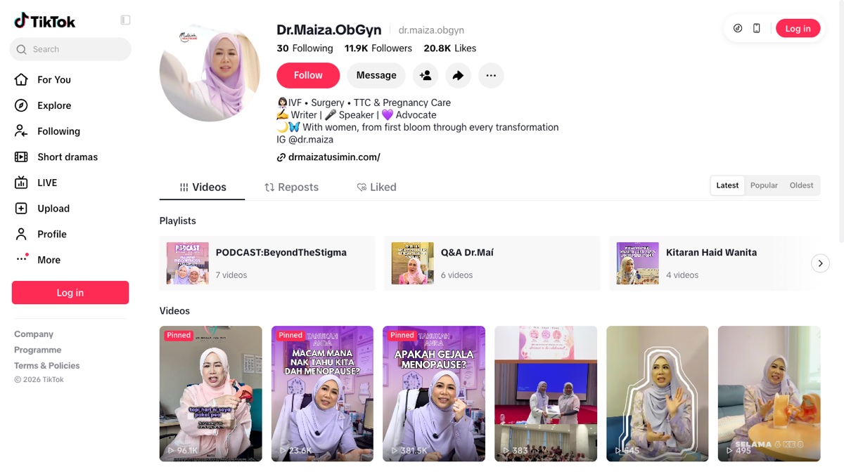 Dr. Maiza Tusimin TikTok profile with educational videos, desktop view