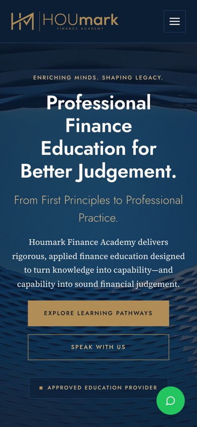 Houmark Finance Academy website on mobile, designed by Elemention