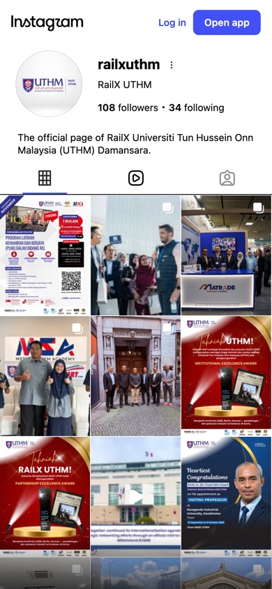 RailX UTHM Instagram profile on a phone